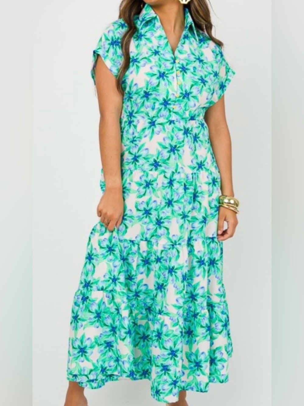 Floral Green & Blue Maxi Dress with Collar